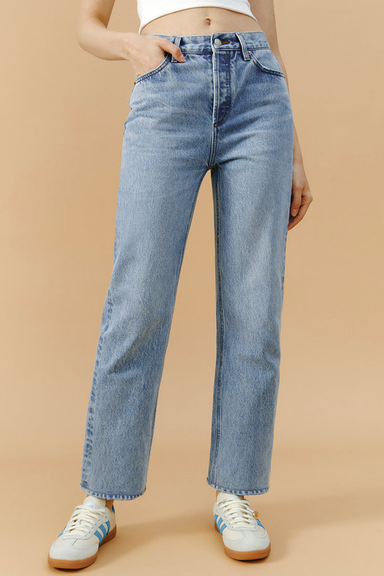 Hey Joanie Manhattan High Rise Straight Ankle Jeans in denim, showcasing a high waist and classic straight-leg fit.