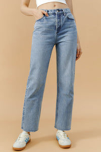Hey Joanie Manhattan High Rise Straight Ankle Jeans in denim, showcasing a high waist and classic straight-leg fit.