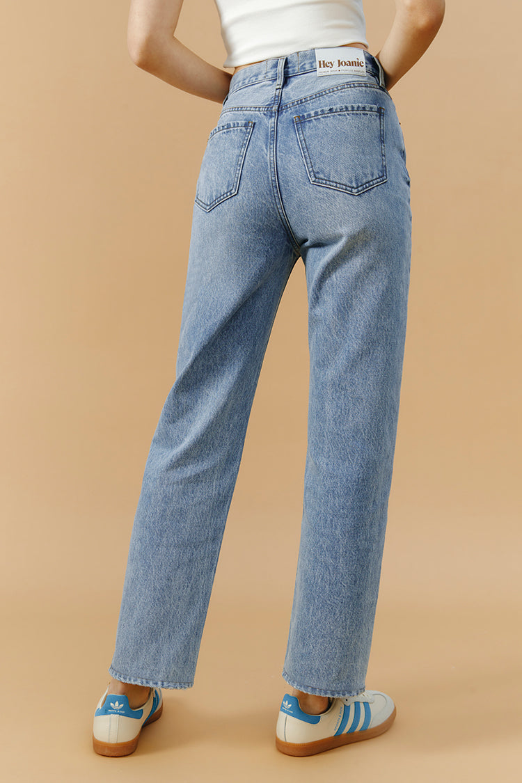 Hey Joanie Manhattan High Rise Straight Ankle Jeans, blue denim with a fitted high waist and straight-leg cut.
