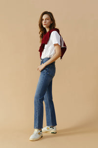 Hey Joanie Activity Grrrl high-rise kick crop jeans, denim with distressed details and a relaxed fit, shown on a model.