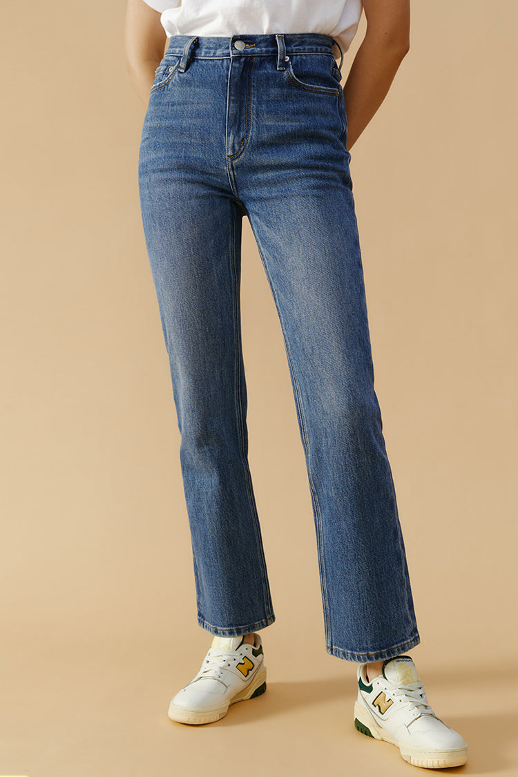 Hey Joanie Activity Grrrl high-rise kick crop jeans in light denim with a stylish fit and raw hem detail.