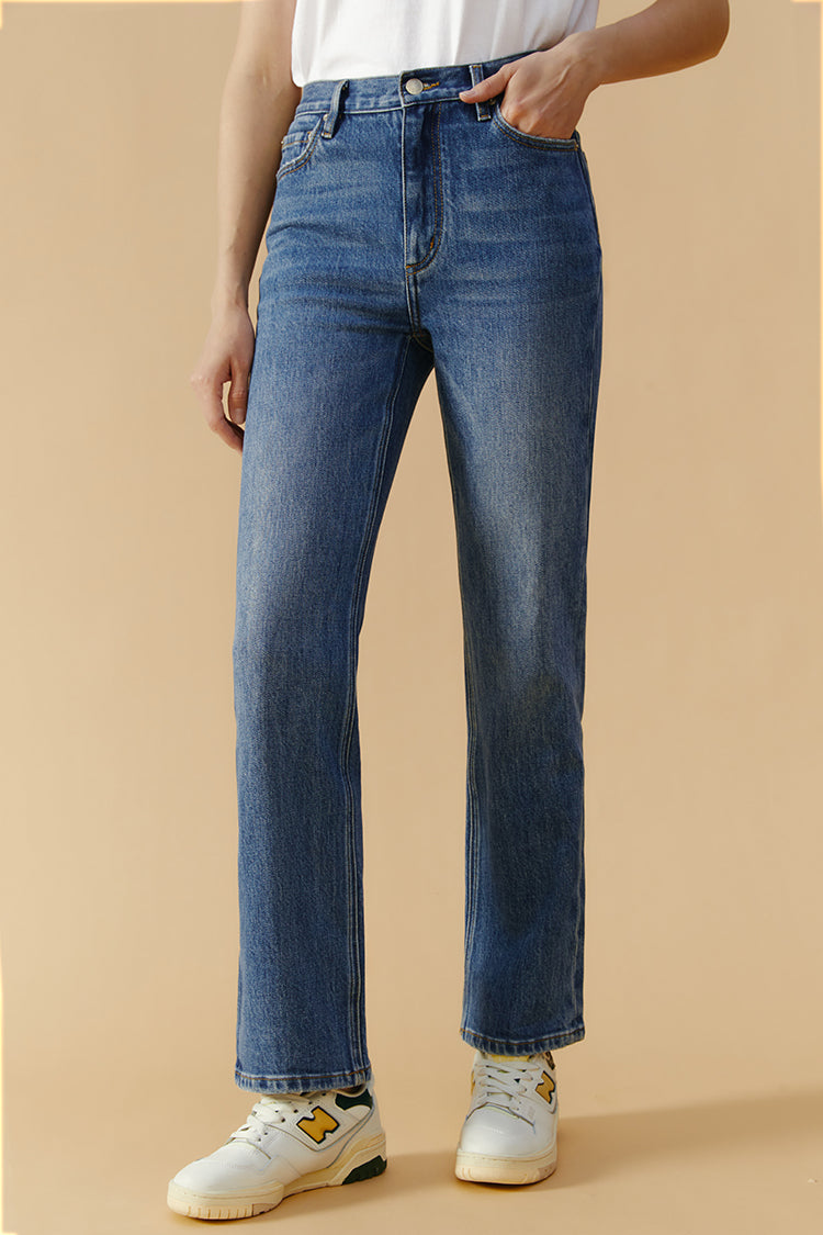Hey Joanie Activity Grrrl high-rise kick crop jeans in light denim, showing front view with visible high waist and cropped length.