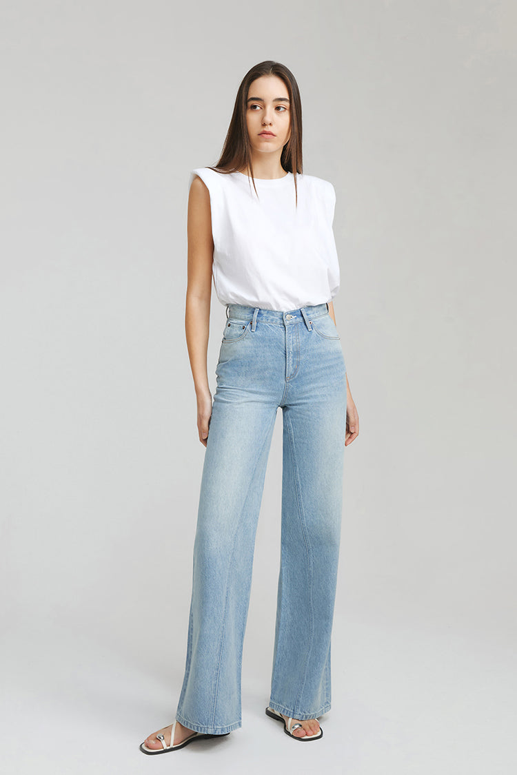 Hey Joanie Angeles High Rise Baggy Jeans with distressed details, shown on a model, showcasing relaxed fit and trendy style.
