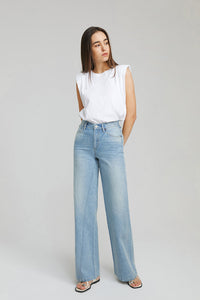 Hey Joanie Angeles high-rise baggy jeans with distressed torn details, relaxed fit, and classic denim wash.