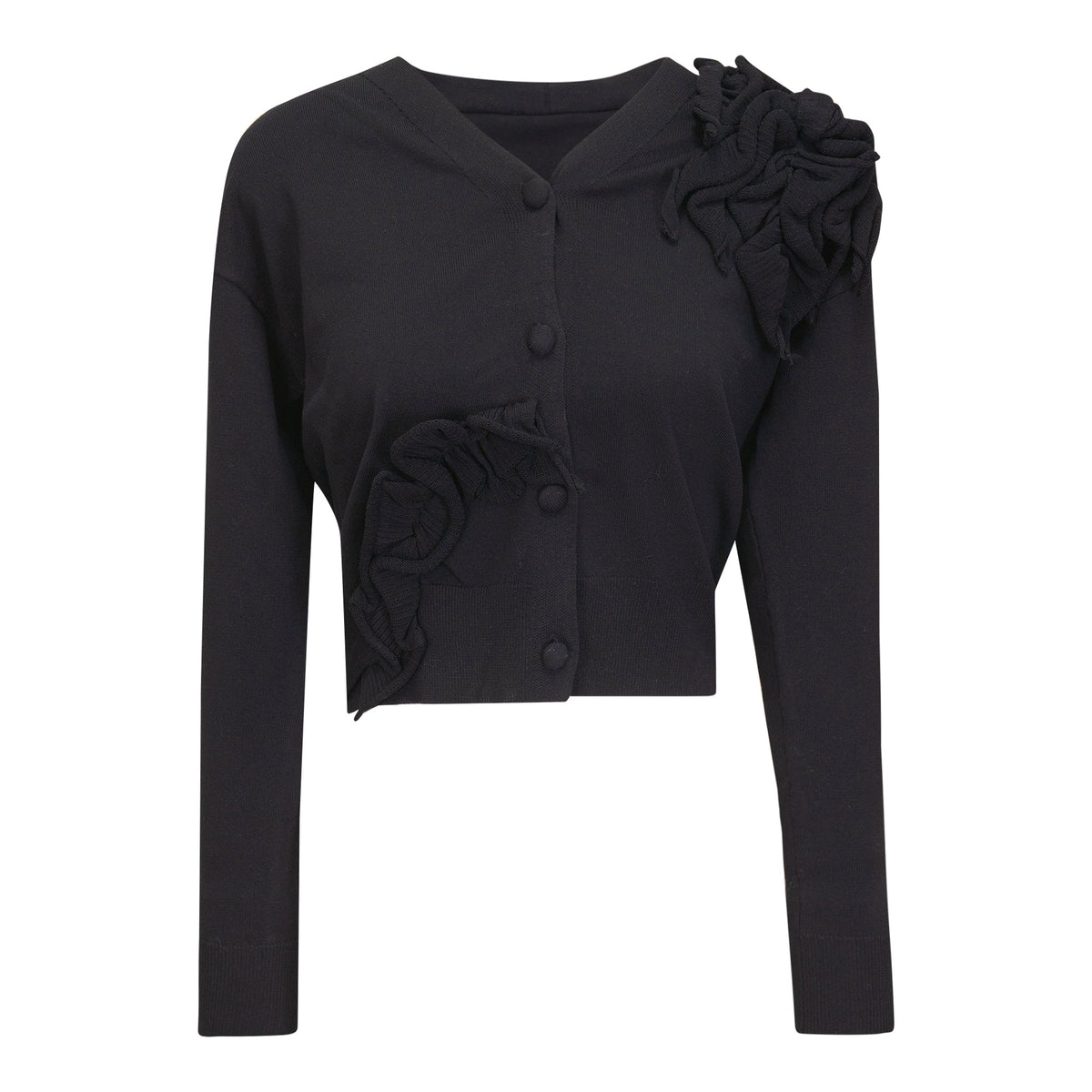 Black Cropped Flower Peak Cardigan for ladies by Hush.Shop, featuring floral embroidery and a stylish cropped fit.
