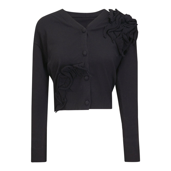 Black Cropped Flower Peak Cardigan for ladies by Hush.Shop, featuring floral embroidery and a stylish cropped fit.