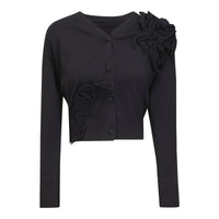 Black ladies Cropped Flower Peak Cardigan by Hush.Shop, featuring a floral pattern and a stylish cropped fit.