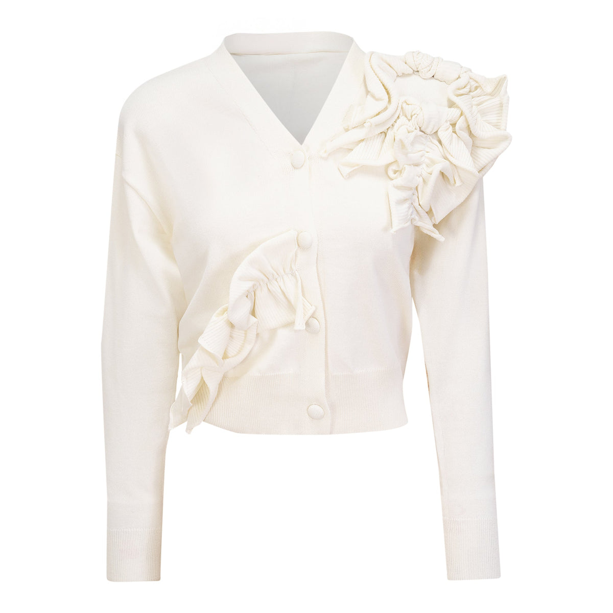 Cream cropped flower peak cardigan for ladies by Hush.Shop, featuring floral embroidery and a stylish cropped fit.