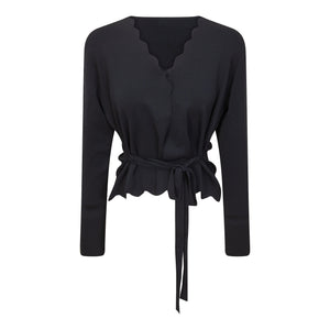 Black scalloped knit cardigan for women, made by Hush.Shop, featuring a stylish, textured design and scalloped edges.