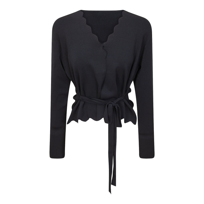 Black scalloped knit cardigan for women, made by Hush.Shop, featuring a stylish, textured design and scalloped edges.