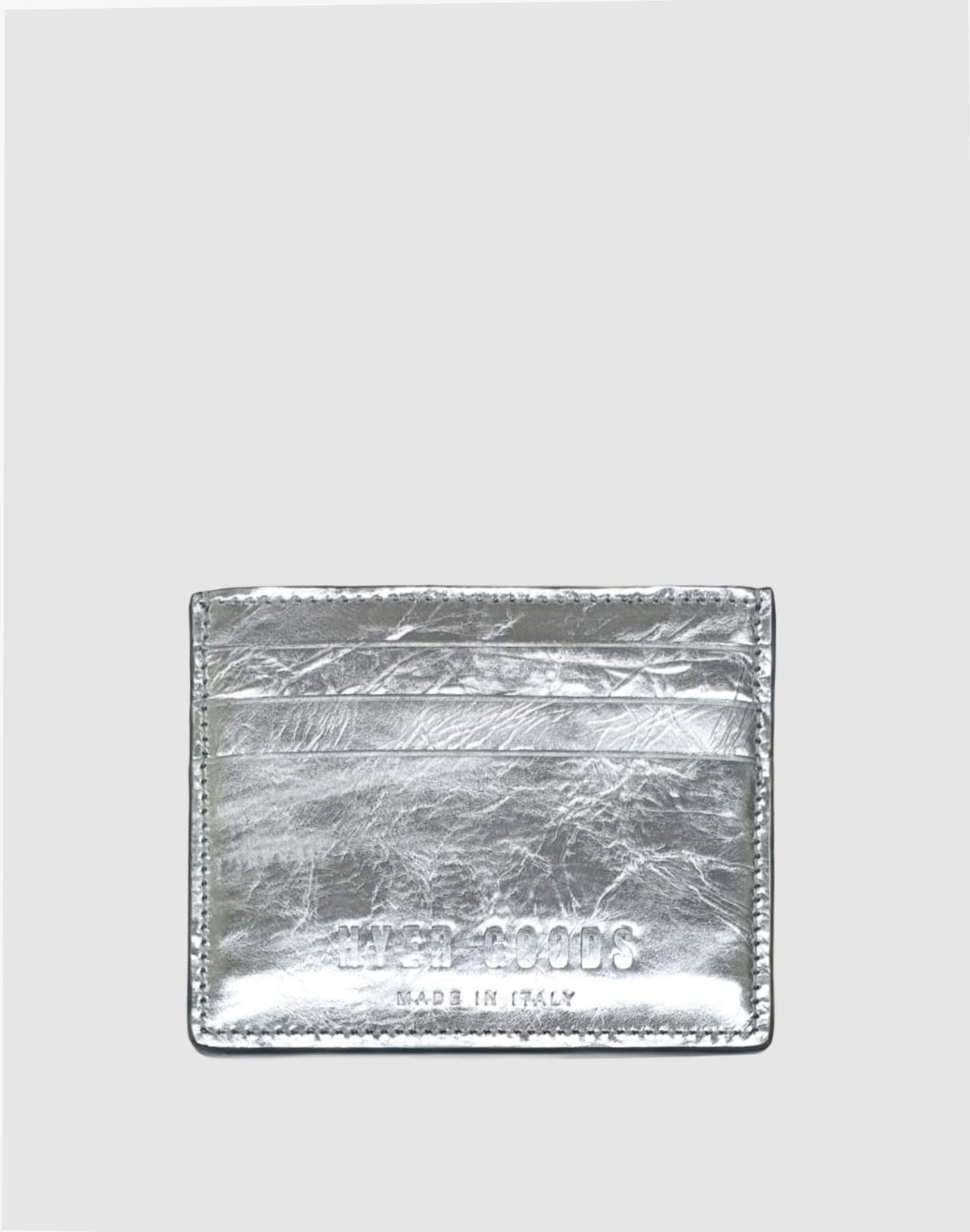 HYER GOODS Certo Card Wallet in silver, showcasing a sleek, minimalist design with multiple card slots for organization.