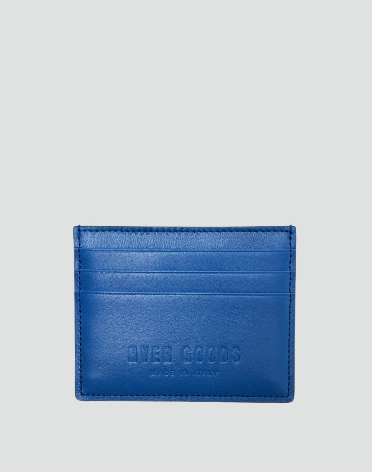 HYER GOODS Certo Card Wallet in electric blue, slim leather card holder with multiple card slots.