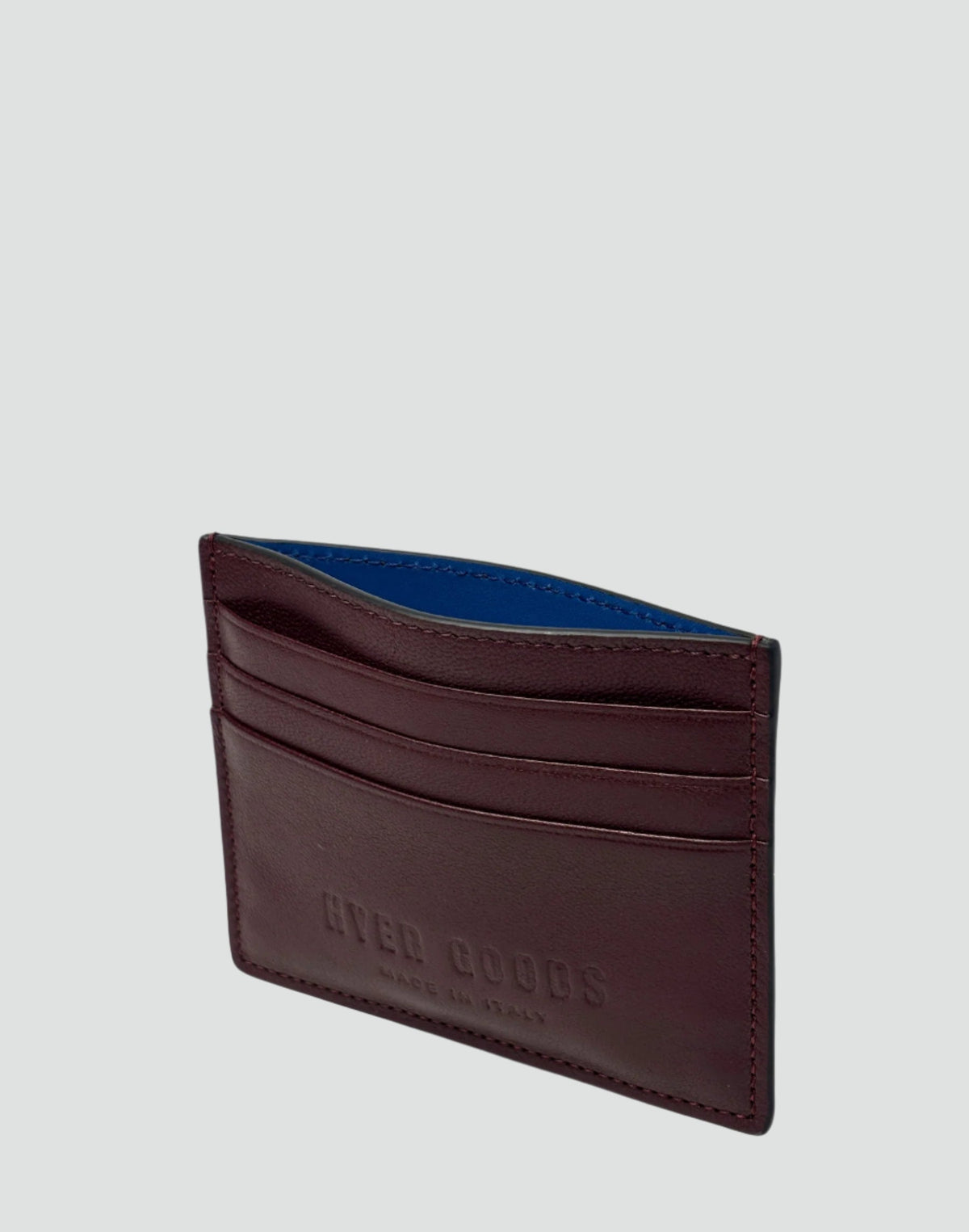 HYER GOODS Certo Card Wallet in burgundy, slim leather card holder with multiple card slots and minimalist design.