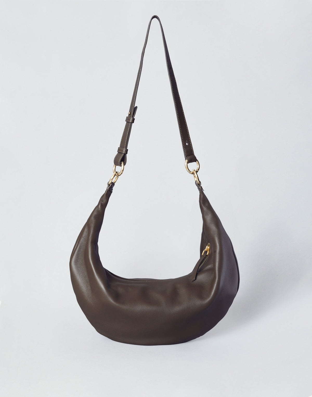 HYER GOODS Ring Bag hobo bag in chocolate leather, front view with rounded ring handle and sleek design.