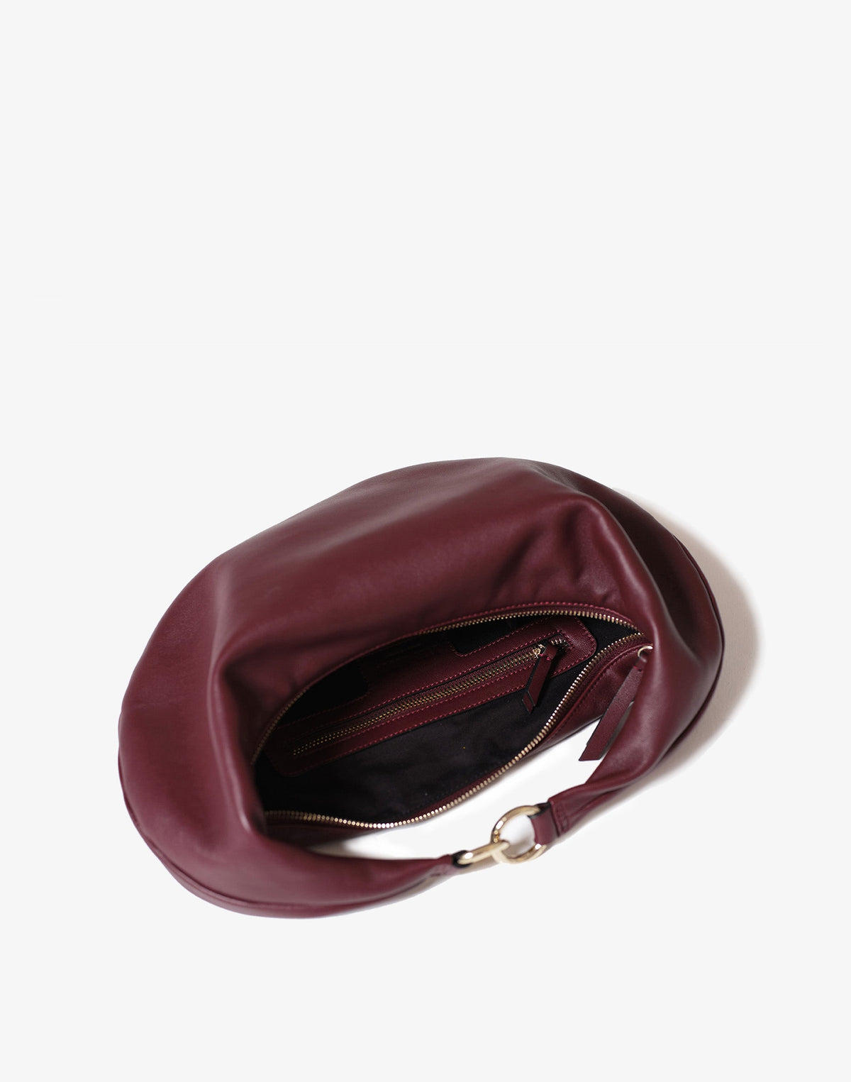 HYER GOODS burgundy Ring Bag hobo style with interior view, showcasing its stylish design and spacious interior.