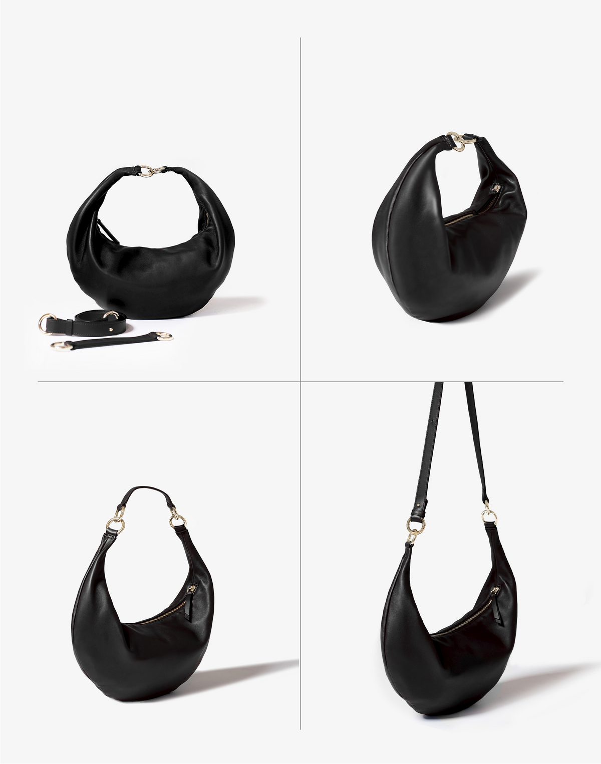 HYER GOODS Ring Bag hobo bag in black with gold accents, showing four different ways to carry or style the versatile bag.