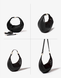 HYER GOODS Ring Bag hobo bag in black with gold accents, showing four different ways to carry or style the versatile bag.