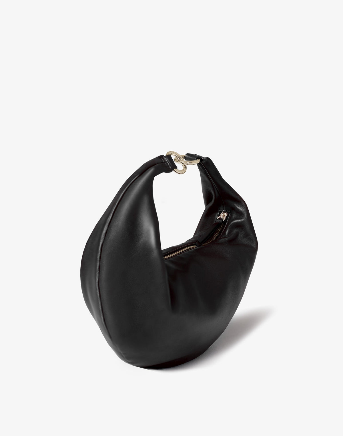 HYER GOODS black leather Ring Bag hobo bag with gold ring detail and no strap, stylish and compact for everyday use.