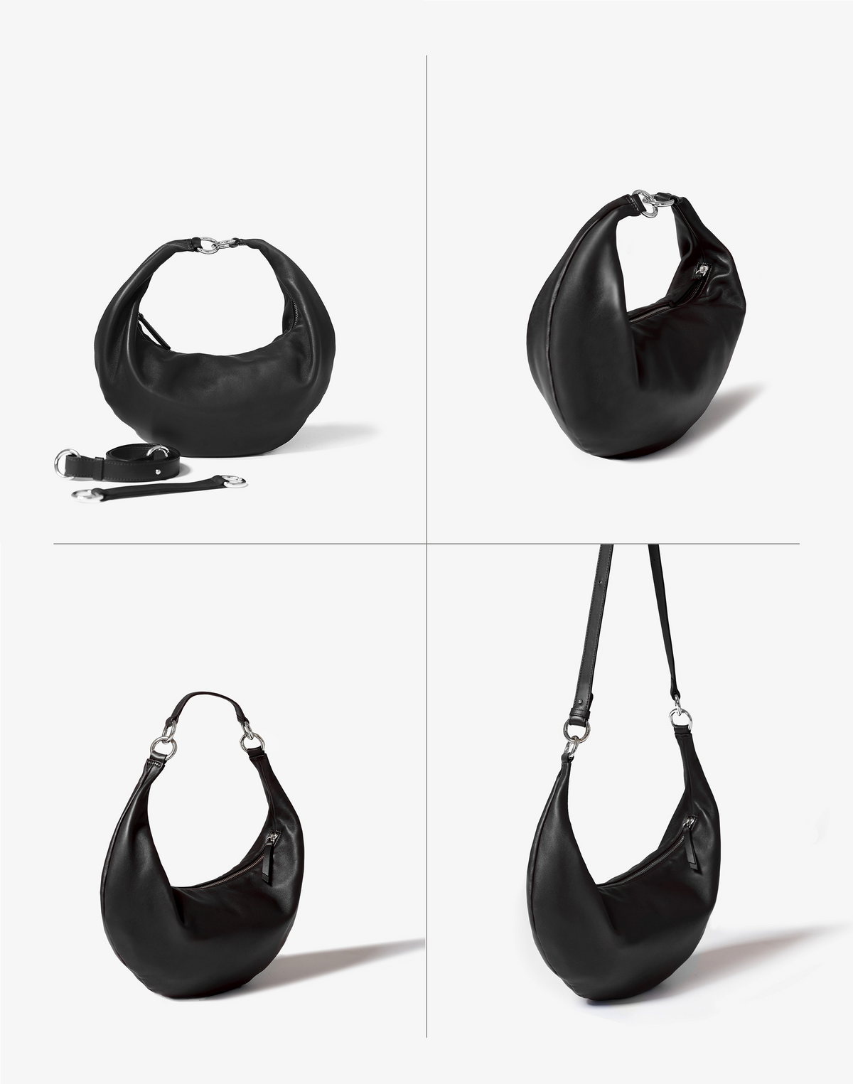HYER GOODS The Ring Bag in black and silver, versatile hobo bag with circular ring detail, showing three different carrying styles.