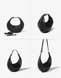 HYER GOODS The Ring Bag in black and silver, versatile hobo bag with circular ring detail, showing three different carrying styles.