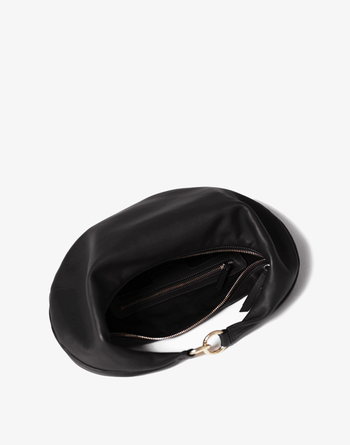 Black HYER GOODS Ring Bag hobo bag with gold hardware, showing the interior and stylish design.