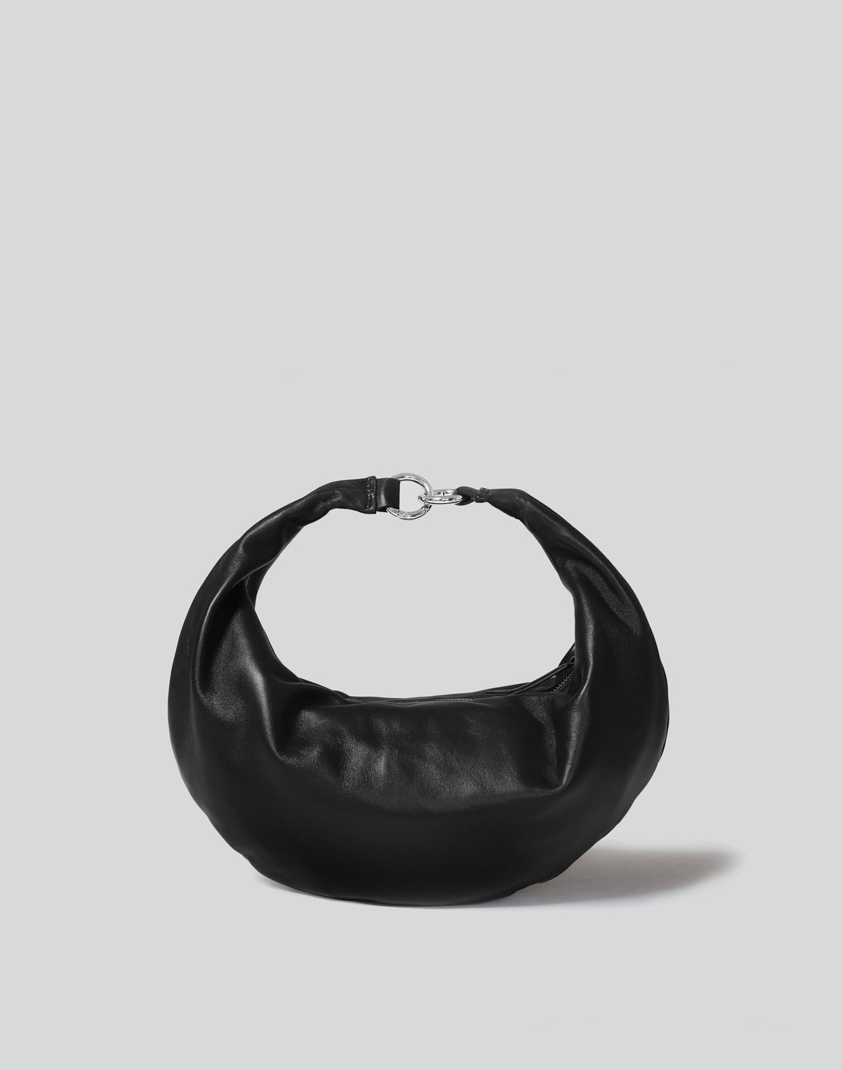 HYER GOODS The Ring Bag hobo bag in black with silver ring detail, front view showing stylish grey accents and sleek design