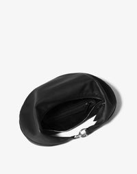 HYER GOODS black leather Ring Bag hobo bag with silver hardware, showing the interior and stylish design.