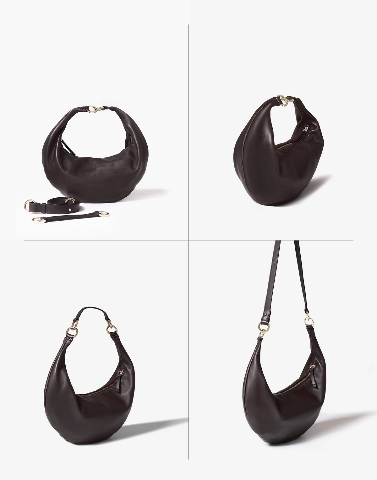 HYER GOODS Ring Bag, a stylish chocolate hobo bag with versatile four-way carrying options, shown from multiple angles.