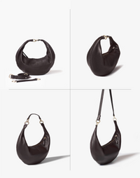 HYER GOODS Ring Bag, a stylish chocolate hobo bag with versatile four-way carrying options, shown from multiple angles.