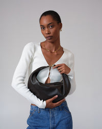 HYER GOODS Ring Bag hobo bag in rich chocolate leather with a unique ring handle and spacious interior.