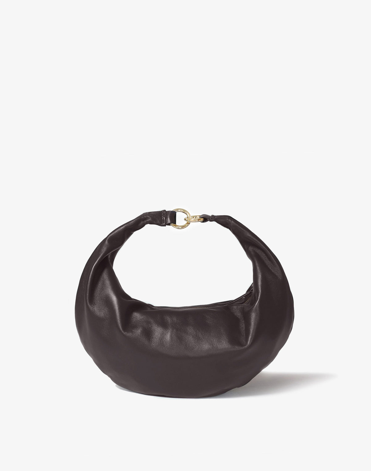 HYER GOODS Ring Bag hobo bag in chocolate leather, front view showing circular ring handle and sleek design.