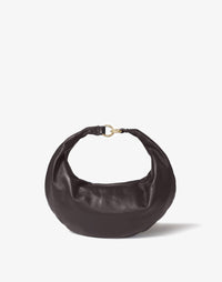 HYER GOODS Ring Bag hobo bag in chocolate leather, front view showing circular ring handle and sleek design.