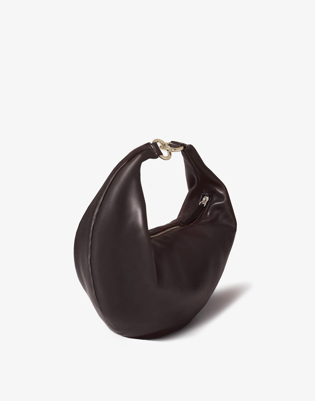HYER GOODS The Ring Bag hobo bag in chocolate leather with adjustable strap and sleek design.