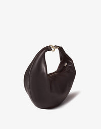 HYER GOODS The Ring Bag hobo bag in chocolate leather with adjustable strap and sleek design.