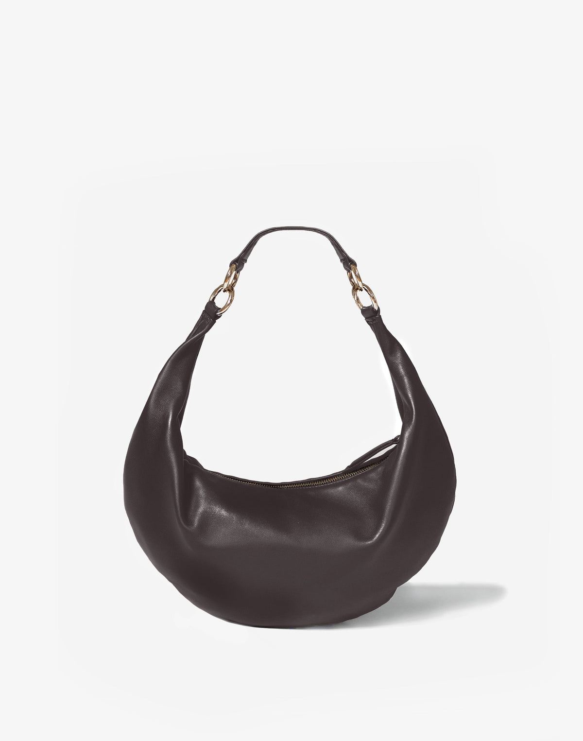 HYER GOODS Ring Bag hobo bag in chocolate leather with medium strap, front view showing stylish, compact design.