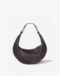 HYER GOODS Ring Bag hobo bag in chocolate leather with medium strap, front view showing stylish, compact design.