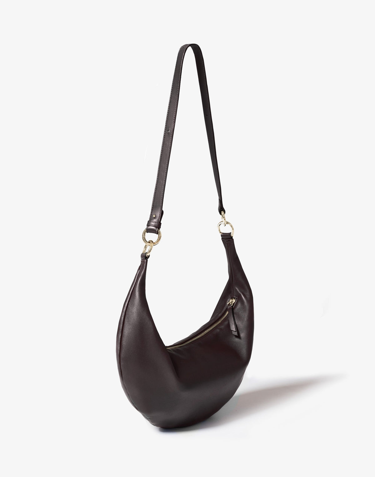 HYER GOODS Ring Bag hobo bag in chocolate brown with a distinctive ring handle, crossbody style, and minimalist design.