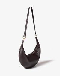 HYER GOODS Ring Bag hobo bag in chocolate brown with a distinctive ring handle, crossbody style, and minimalist design.