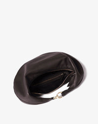 HYER GOODS Ring Bag, chocolate-colored hobo bag with a distinctive ring detail, shown from the inside view.