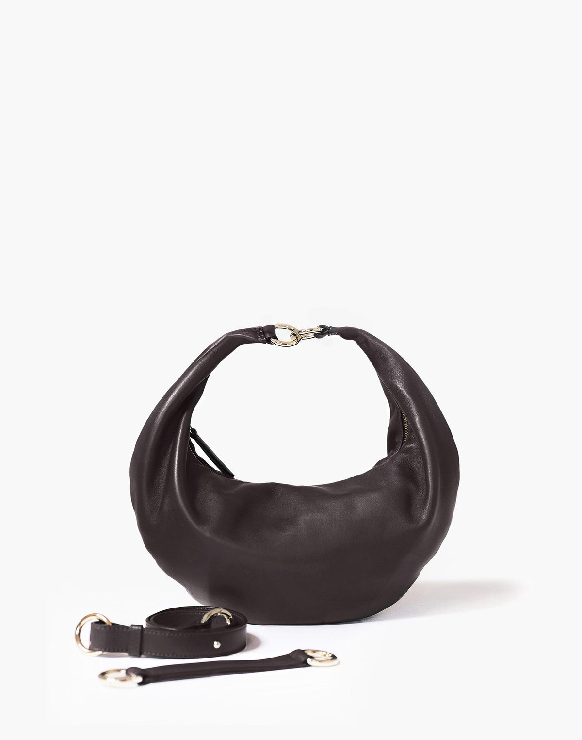 HYER GOODS The Ring Bag hobo bag in chocolate with front straps, showcasing its stylish design and versatile carry options.