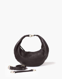 HYER GOODS The Ring Bag hobo bag in chocolate with front straps, showcasing its stylish design and versatile carry options.