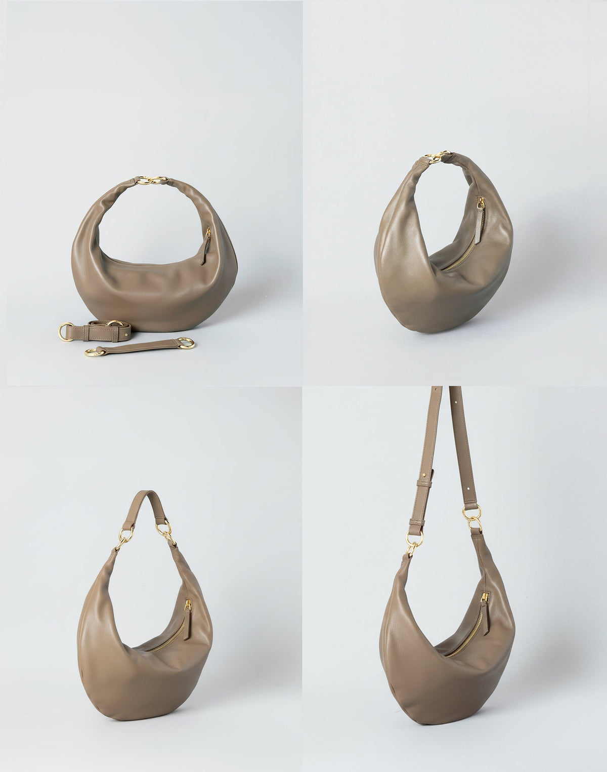 HYER GOODS taupe Ring Bag hobo bag with 4-way carry options and sleek design, shown in a stylish, versatile silhouette.