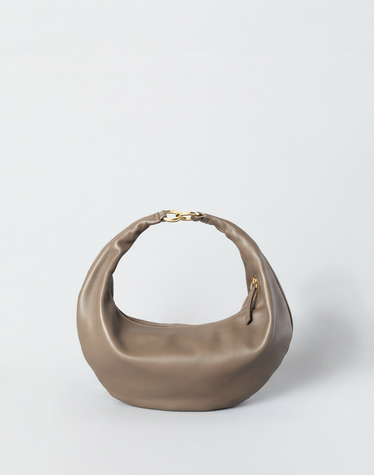 Taupe Hobo Bag by HYER GOODS featuring a round ring handle and soft leather texture, stylish and practical for everyday use.