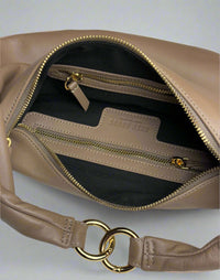 Taupe HYER GOODS Ring Bag hobo bag interior view showing spacious compartment and stylish design.