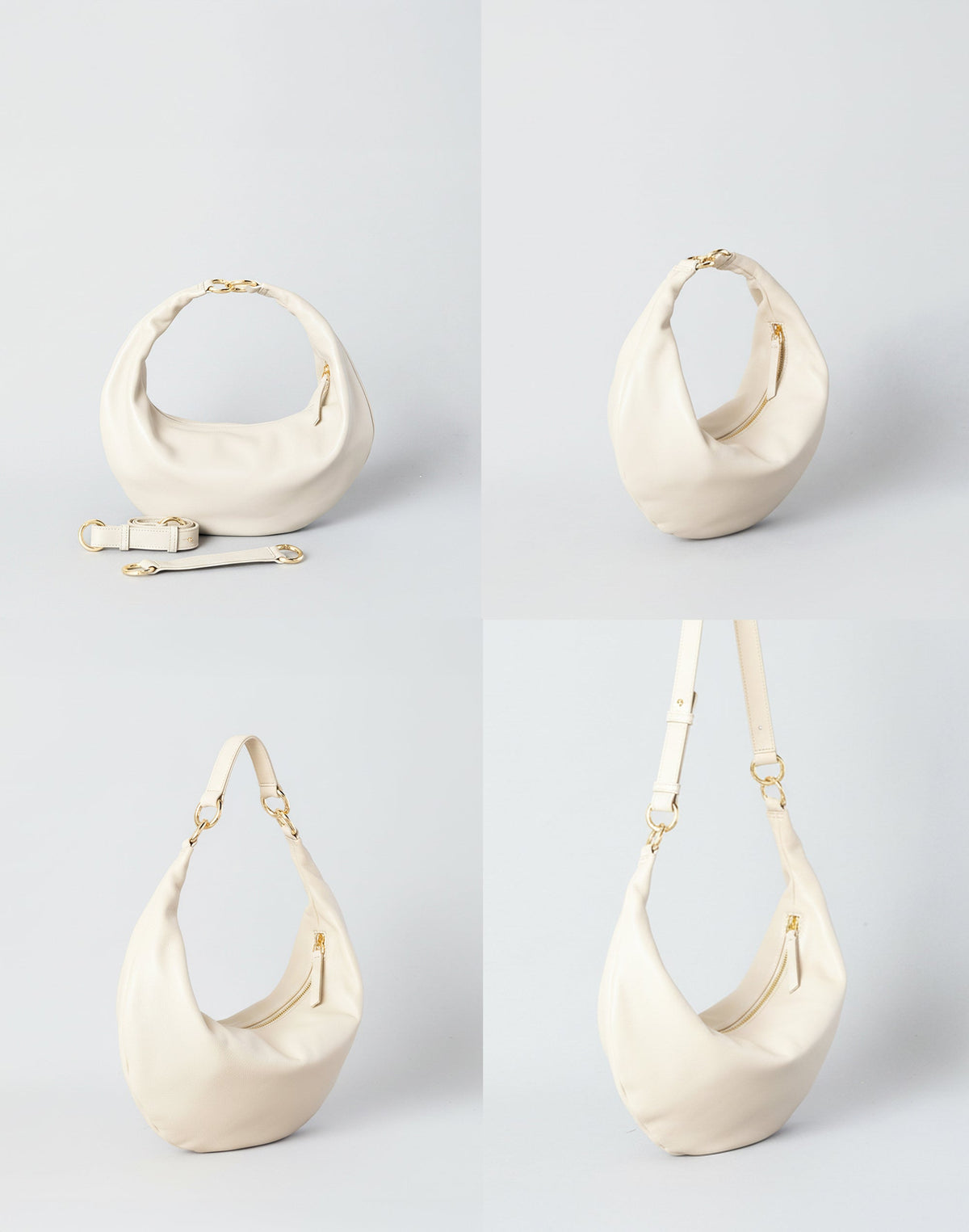 HYER GOODS Ring Bag hobo bag in off-white with four-way carrying options, showcasing its versatile and stylish design.