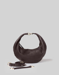 HYER GOODS Ring Bag hobo bag in chocolate leather with adjustable straps and a distinctive ring detail.