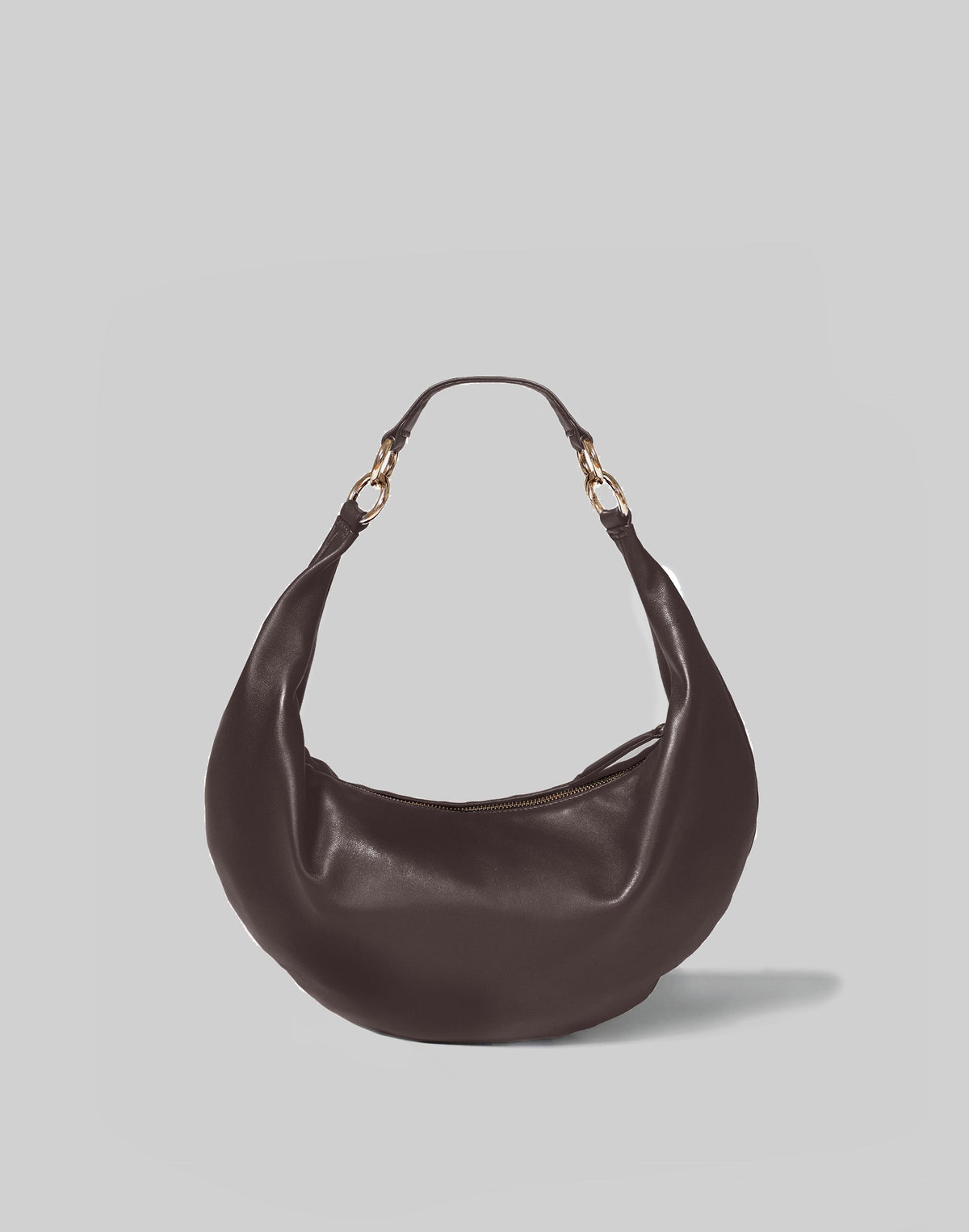 HYER GOODS Ring Bag hobo bag in chocolate with front view and medium strap, showcasing stylish leather design.