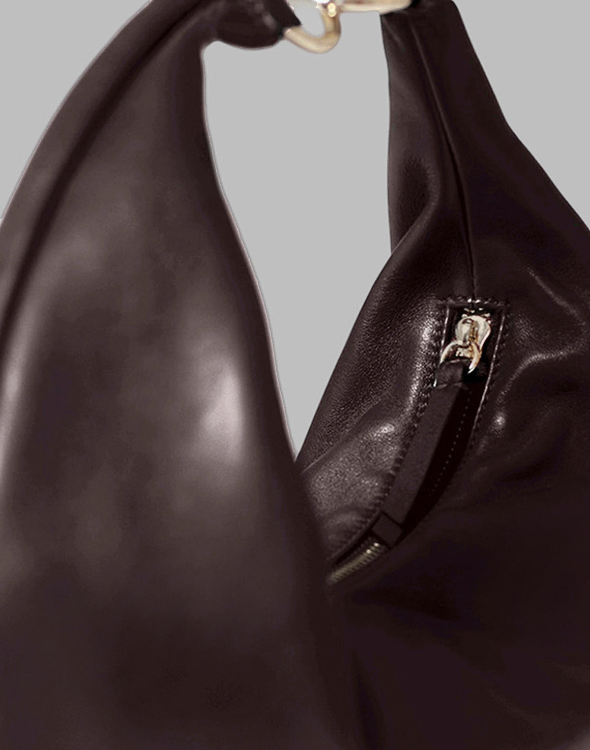 HYER GOODS Ring Bag hobo bag in chocolate leather with circular ring handle and detailed stitching.