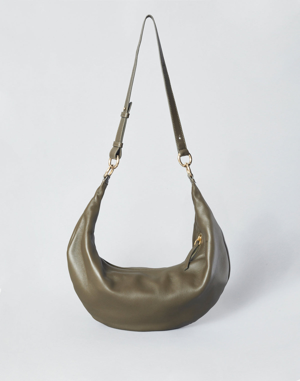 Olive Nappa leather hobo bag by HYER GOODS with circular ring handle and minimalist design.