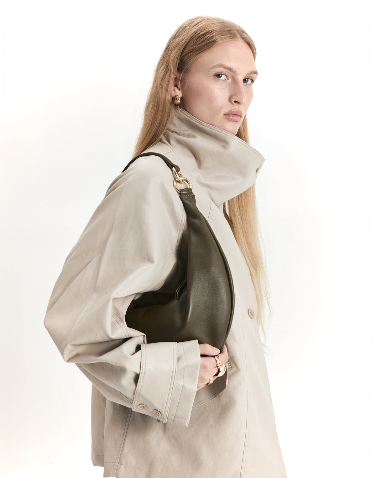 Olive Nappa leather hobo bag from HYER GOODS with a large ring handle and shoulder strap, stylish and functional accessory.